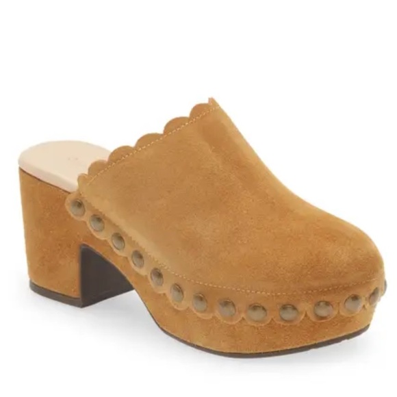 Chocolat Blu Shoes - Chocolat Blu Gemini Scalloped Studded Tan Suede Heeled Clogs Size 6
